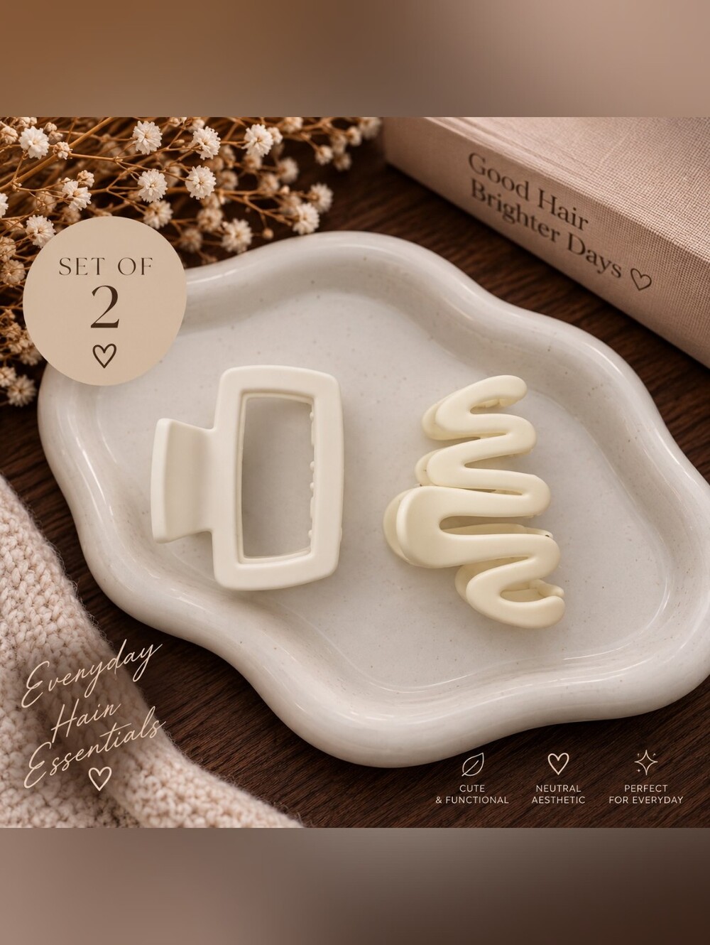 Neutral Cream & White Hair Claw Clips - Set of 2 New